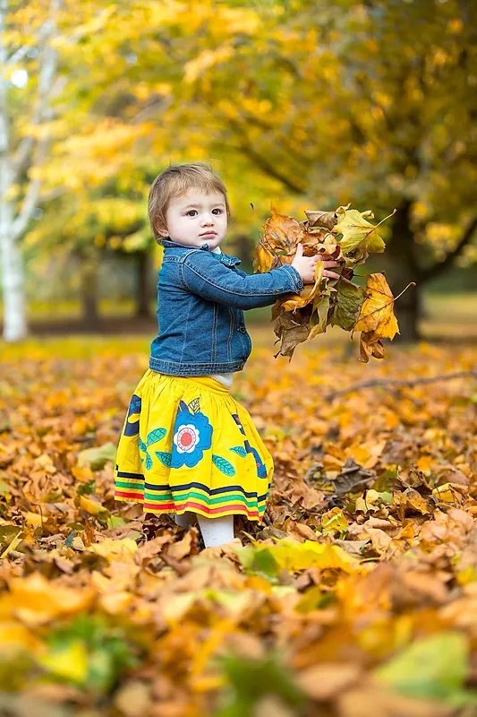 Toddler in a denim jacket playing with autumn leaves
